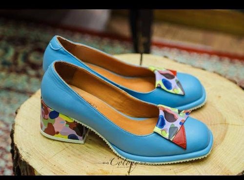 Blue Multi-Colour Leather Chunky Heel Pump